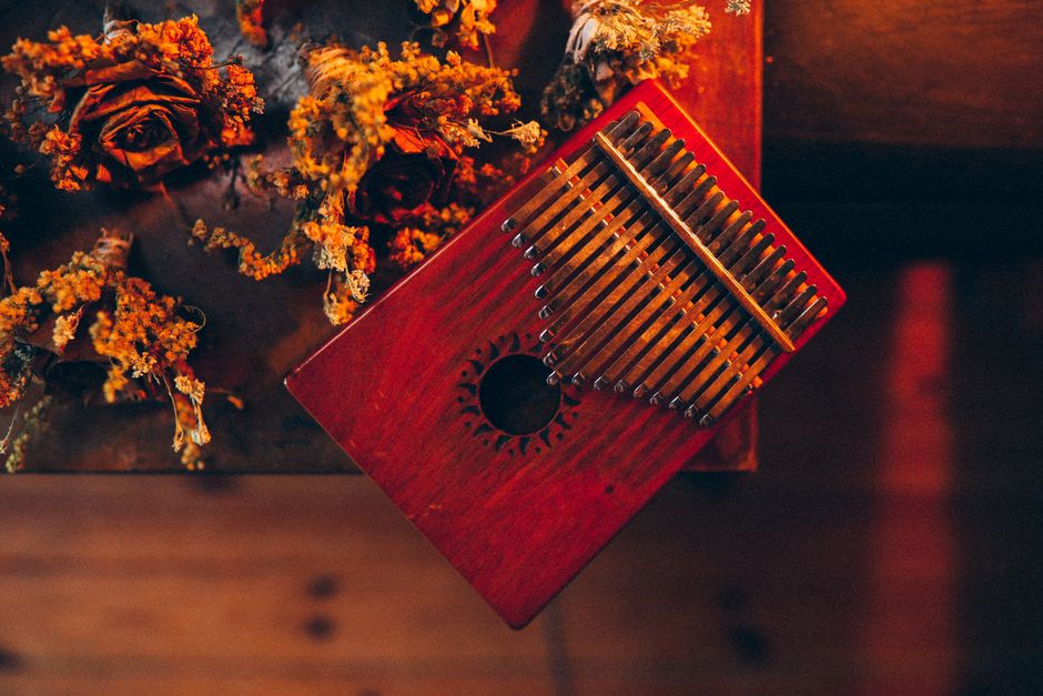 Warm-toned close-up of a wooden kalimba surrounded by dried flowers, creating a cozy atmosphere.